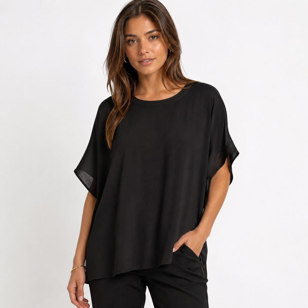 Eileen Fisher Silk Crepe Georgette Blouse XL Black Oversized Draped Short Sleeve